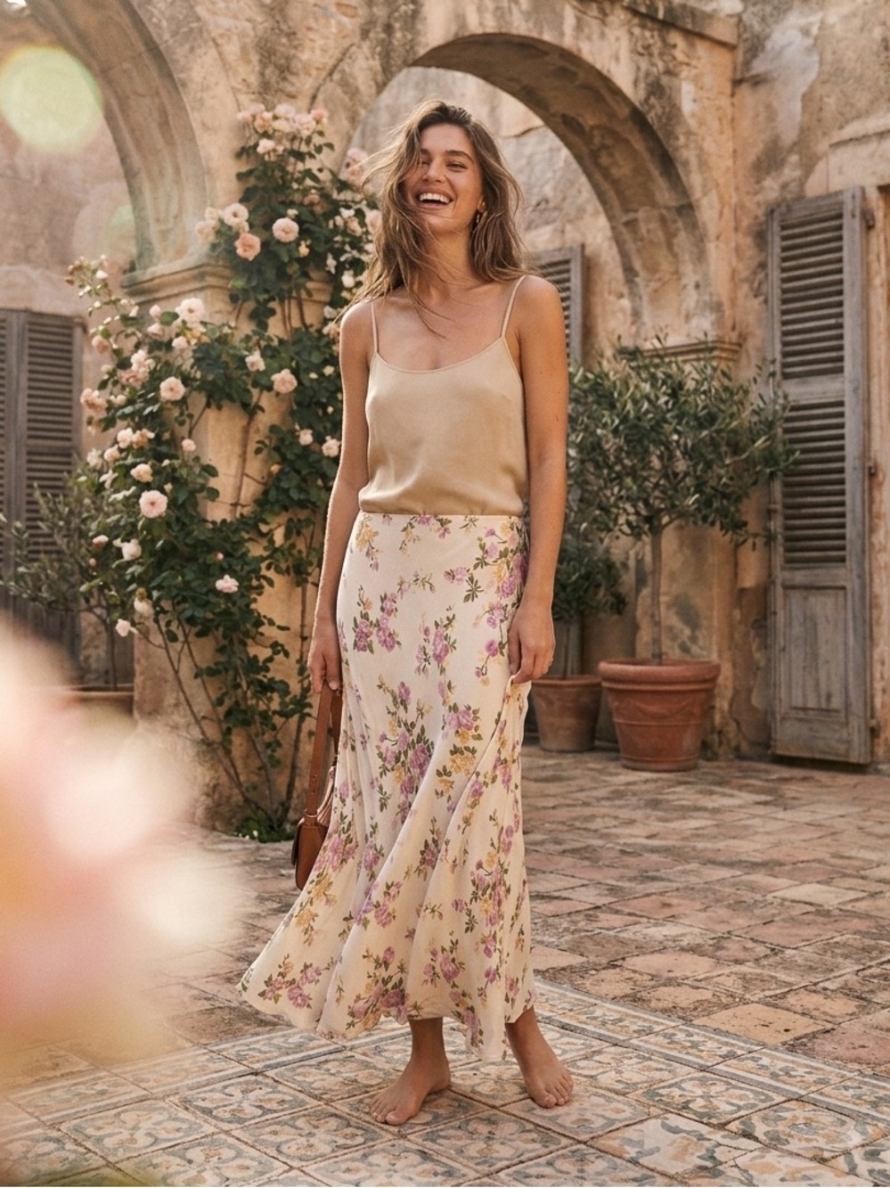 Reformation Cream Floral Maxi Skirt with Beige Slip Tank